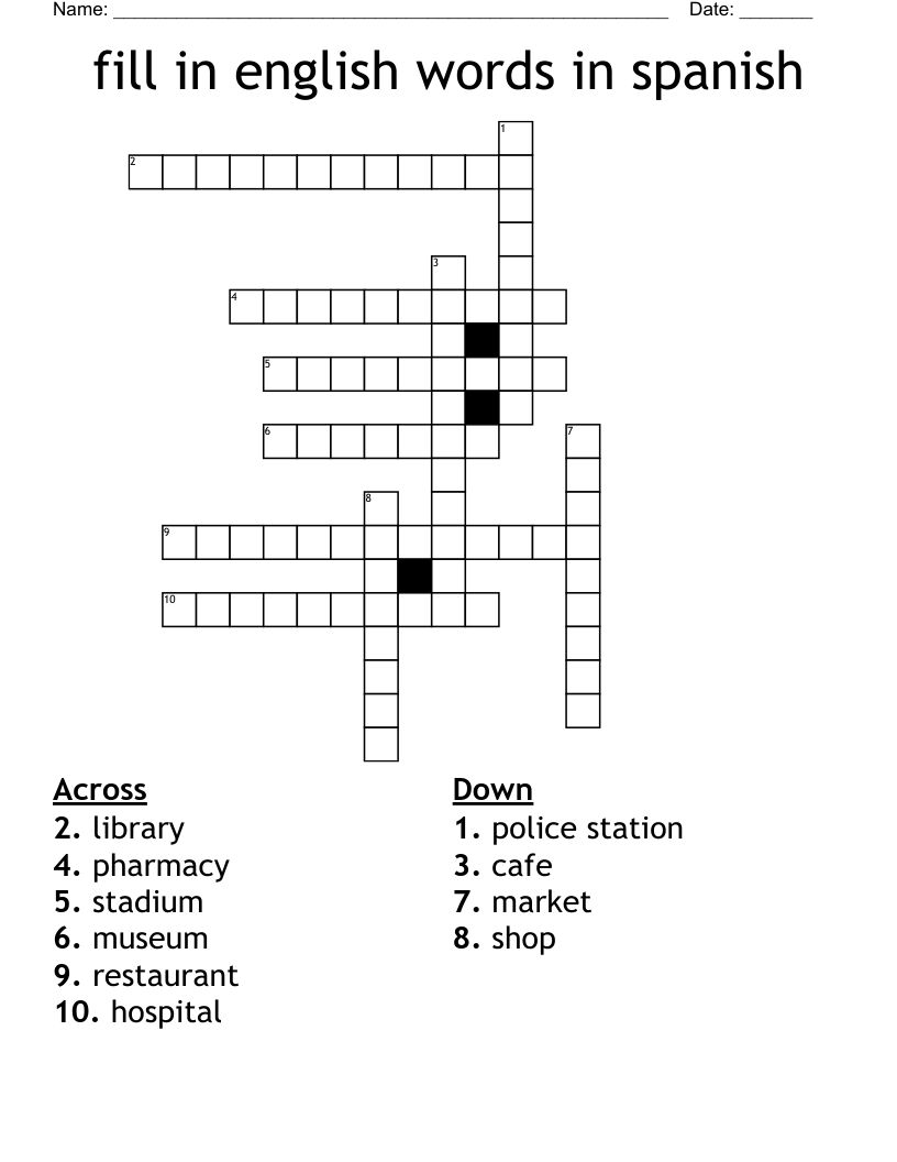 fill in english words in spanish Crossword