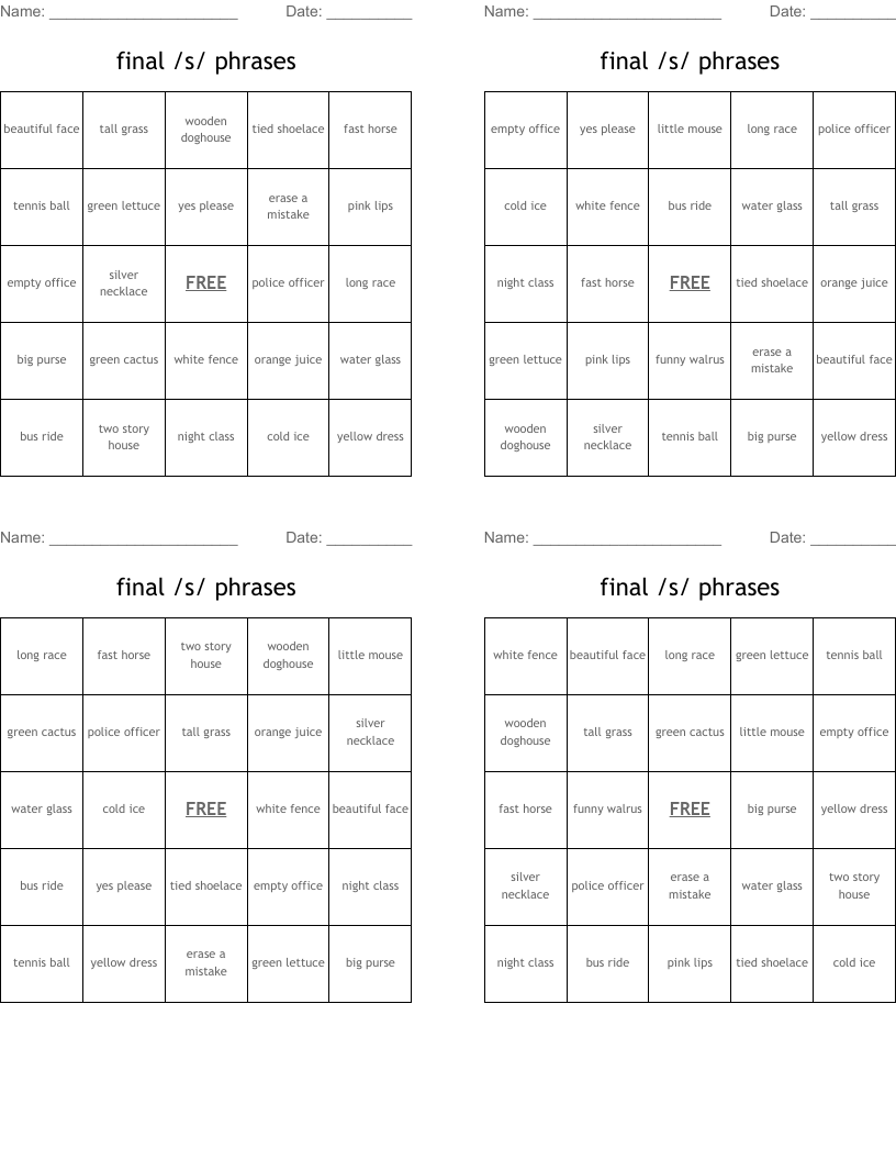 final /s/ phrases Bingo Cards