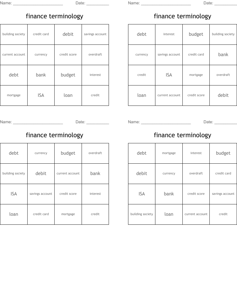 finance terminology Bingo Cards