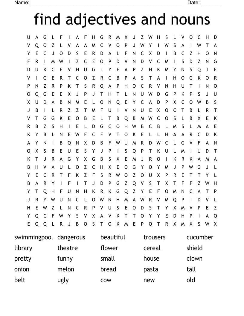 find adjectives and nouns Word Search