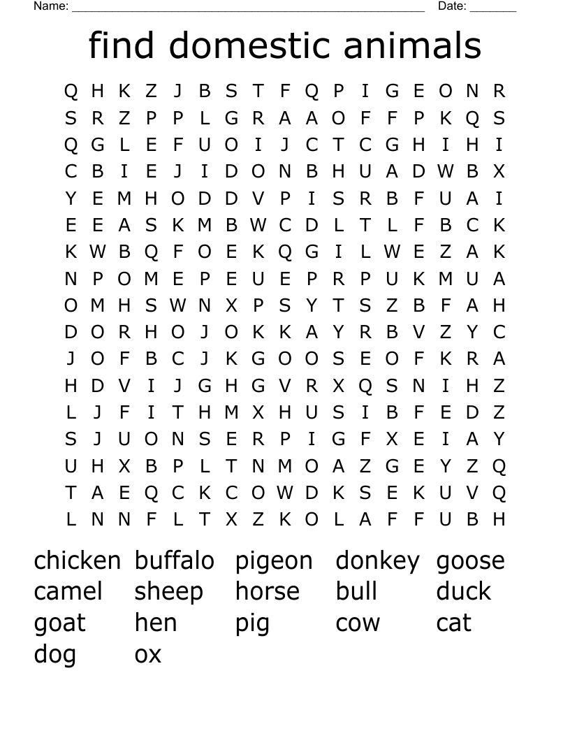 find domestic animals Word Search