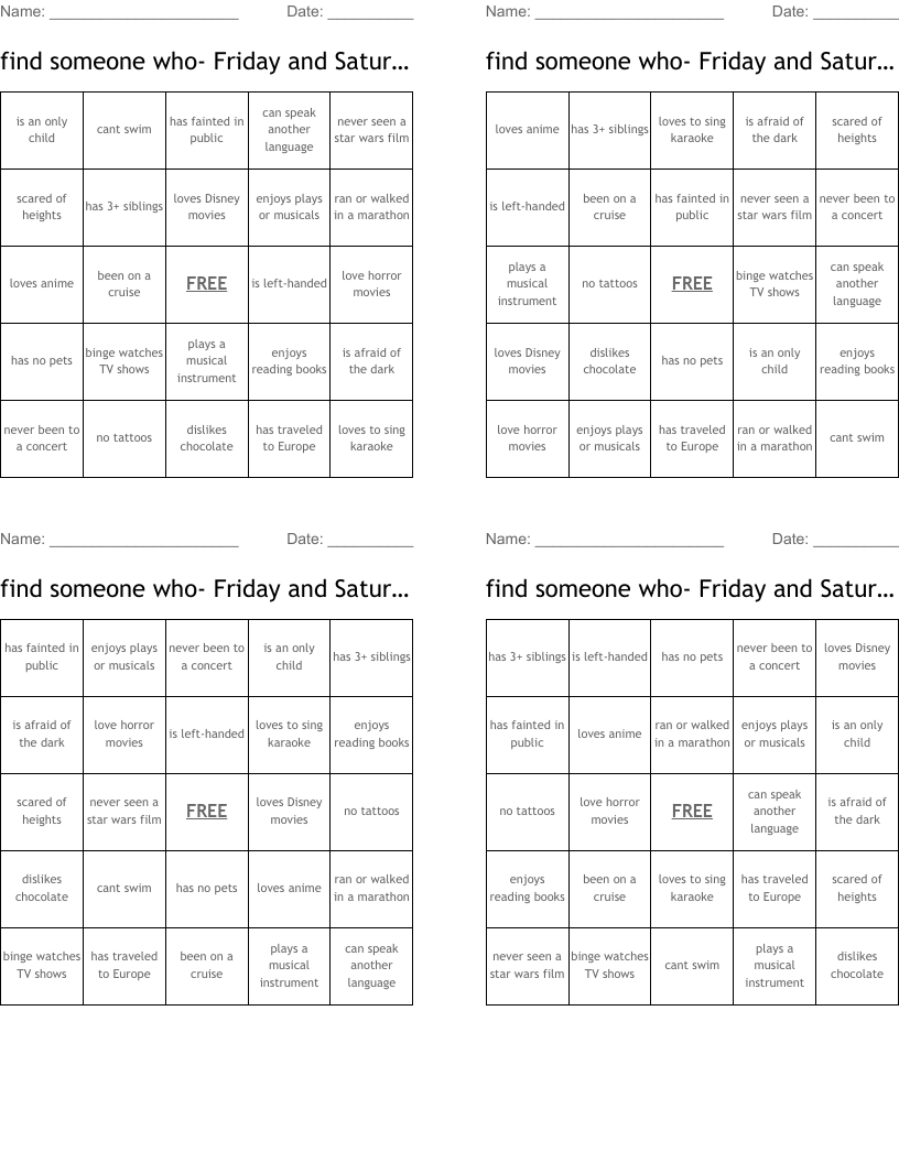 find someone who- Friday and Saturday  Bingo Cards