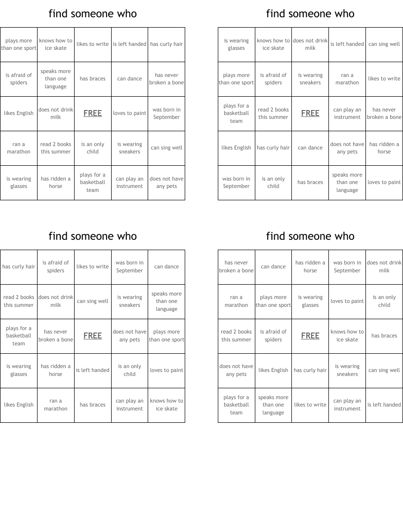 find someone who  Bingo Cards