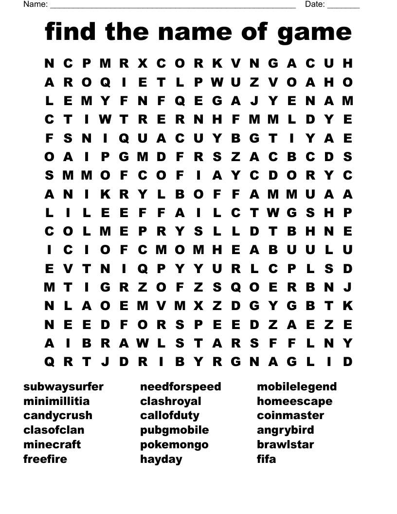 find the name of game  Word Search