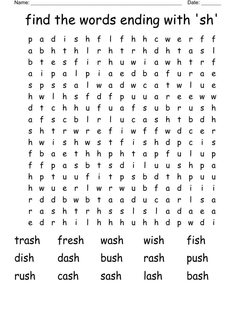 find the words ending with 'sh' Word Search