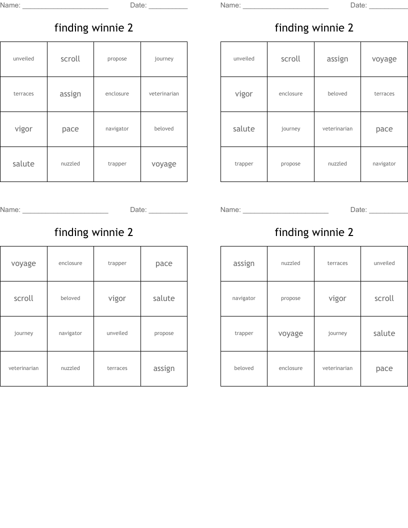 finding winnie 2 Bingo Cards