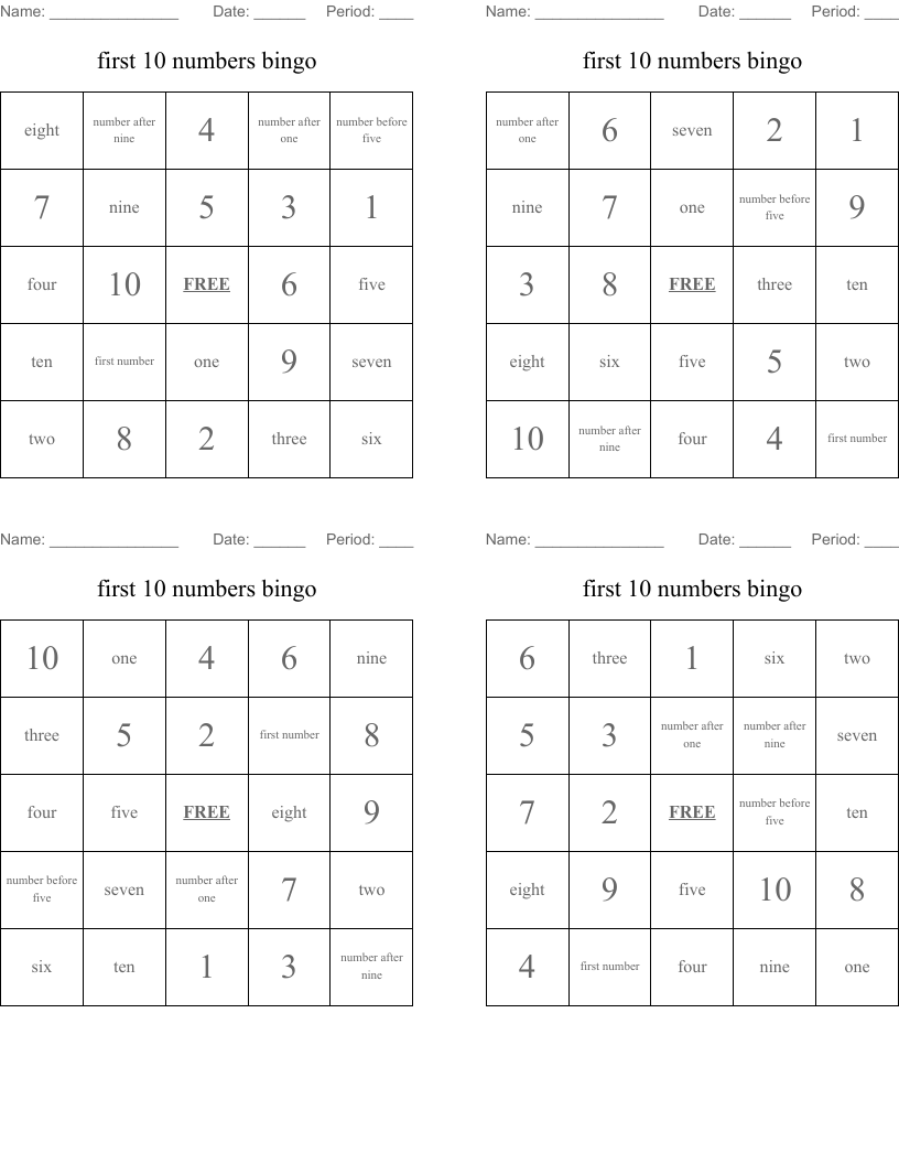first 10 numbers bingo