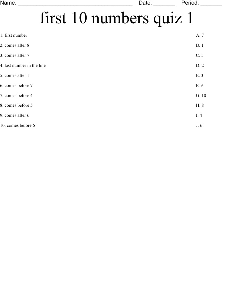 first 10 numbers quiz 1 Worksheet
