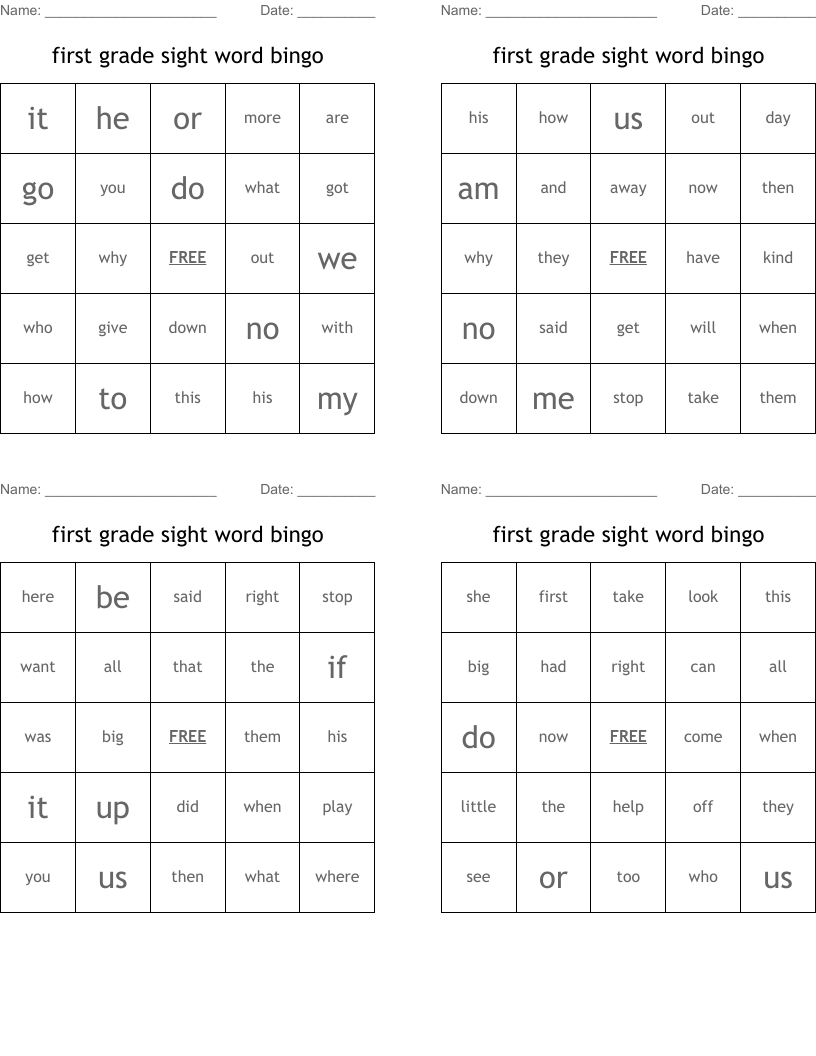 first grade sight word bingo