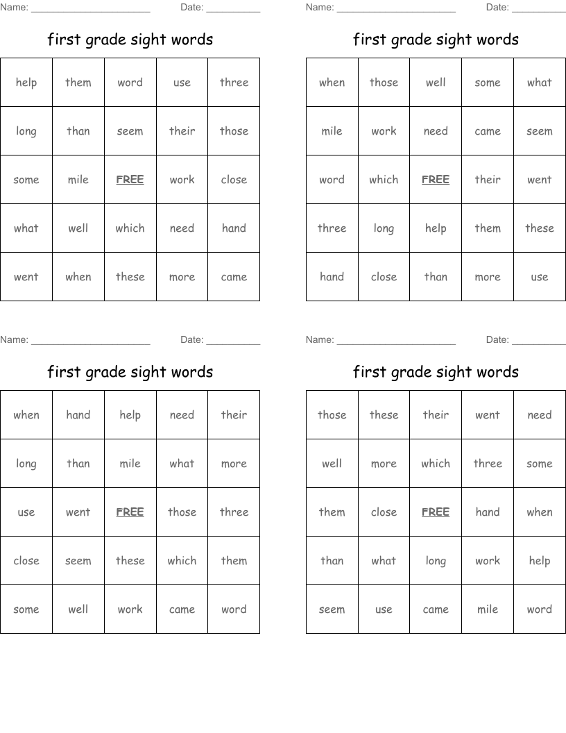 first grade sight words Bingo Cards