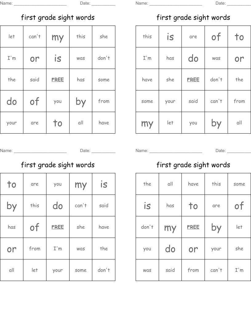 first grade sight words Bingo Cards