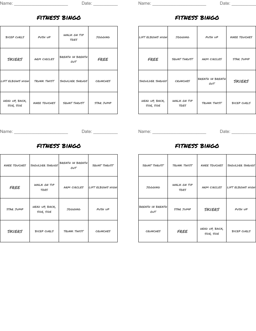 fitness bingo