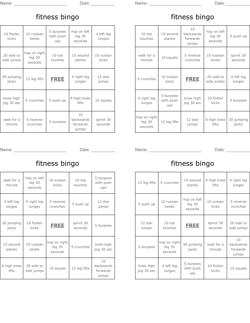 fitness bingo 