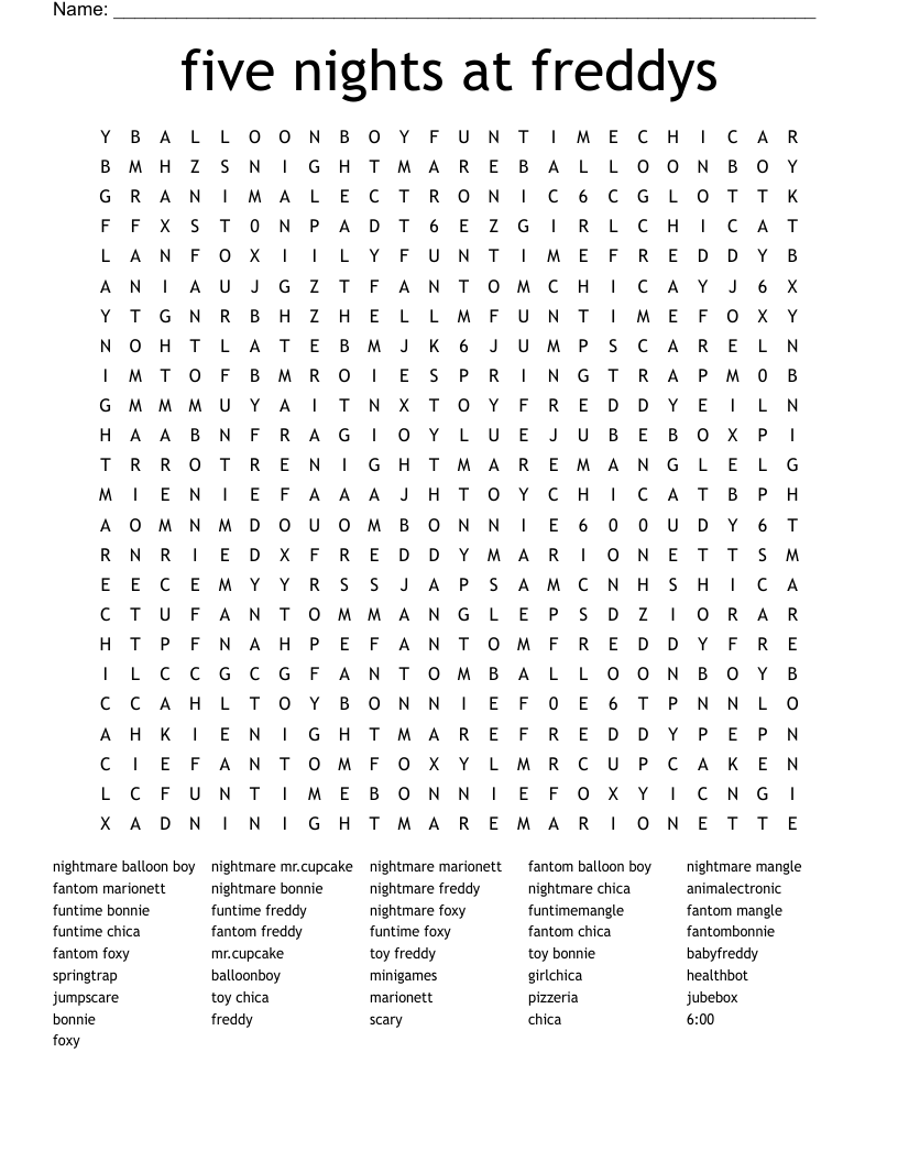 five nights at freddys Word Search