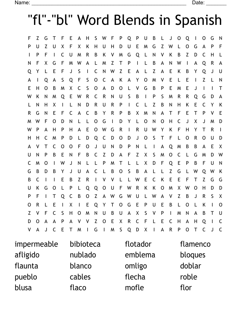 "fl"-"bl"  Word Blends in Spanish Word Search