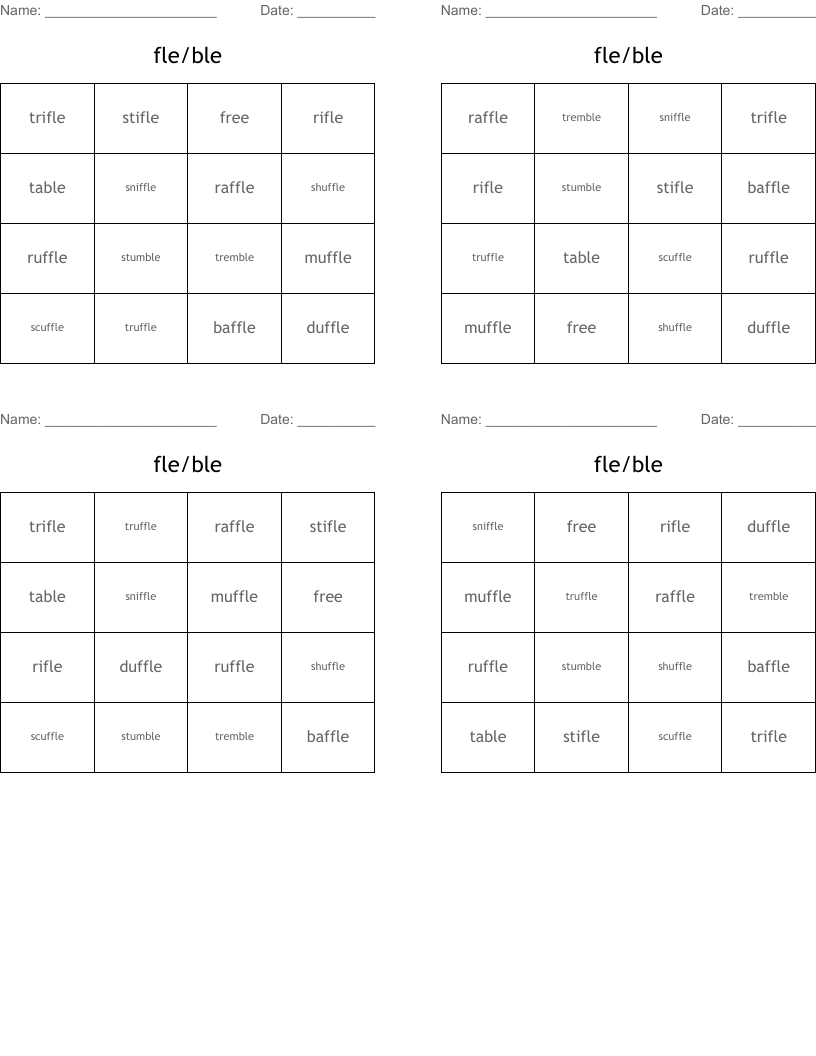 fle/ble Bingo Cards