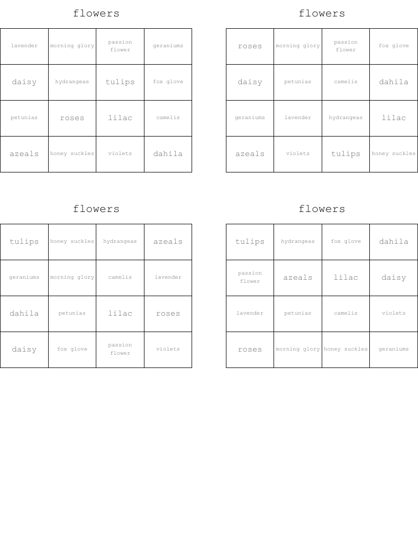flowers Bingo Cards