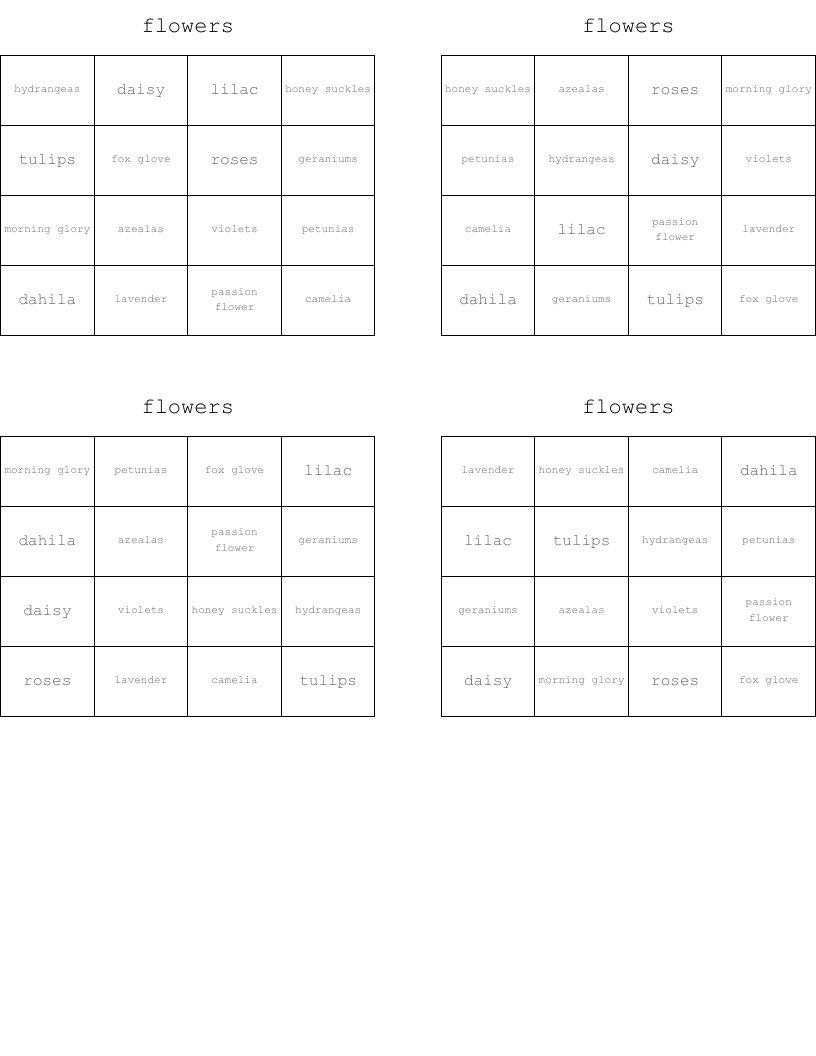 flowers Bingo Cards