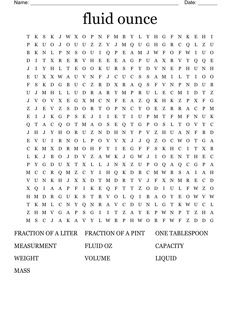 fluid ounce Word Search