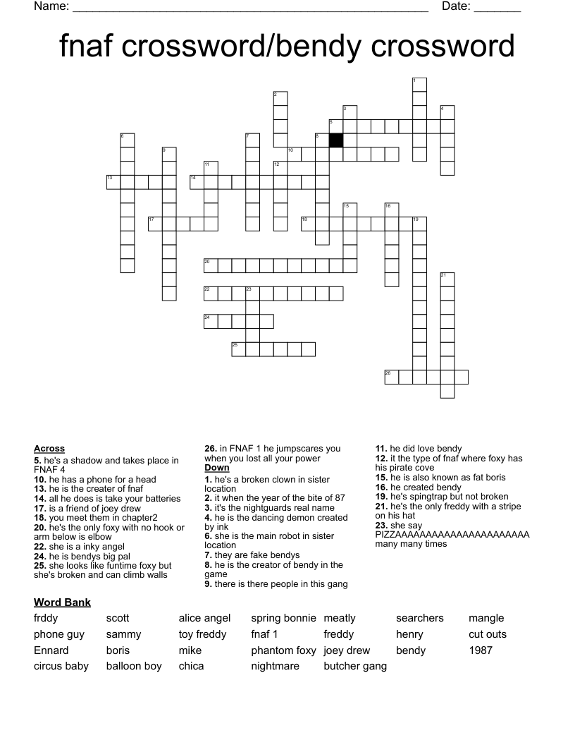 fnaf crossword/bendy crossword