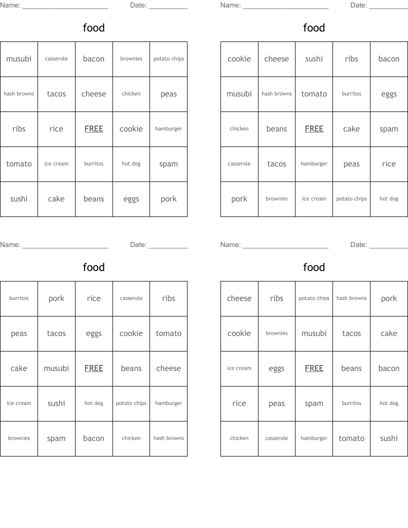 food Bingo Cards