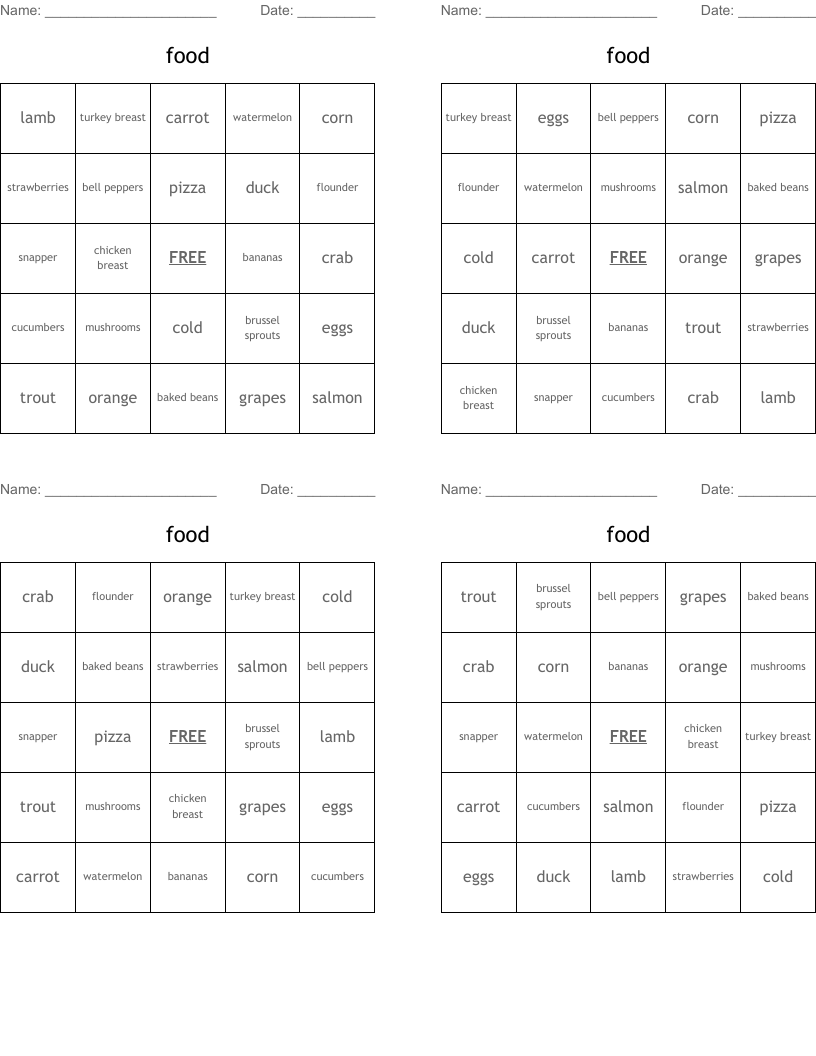 food  Bingo Cards