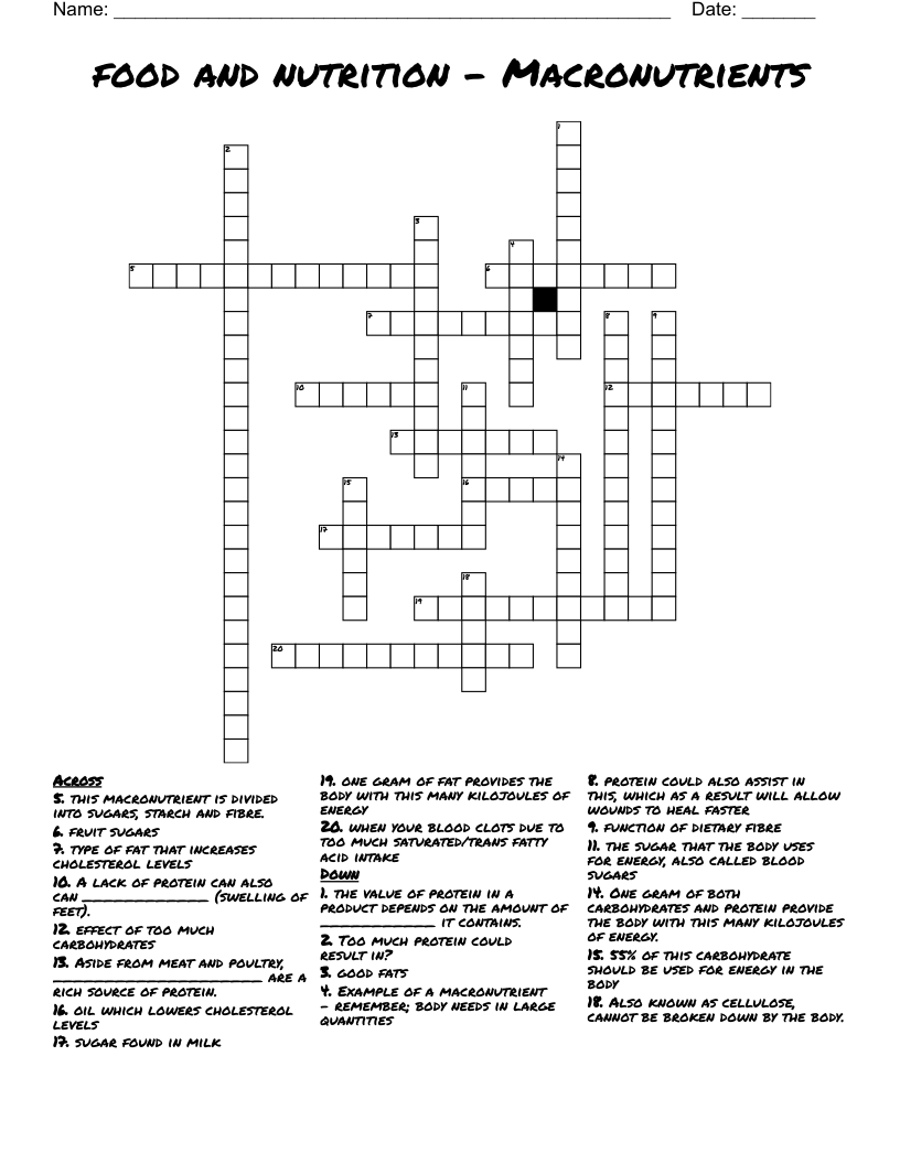 food and nutrition - Macronutrients Crossword