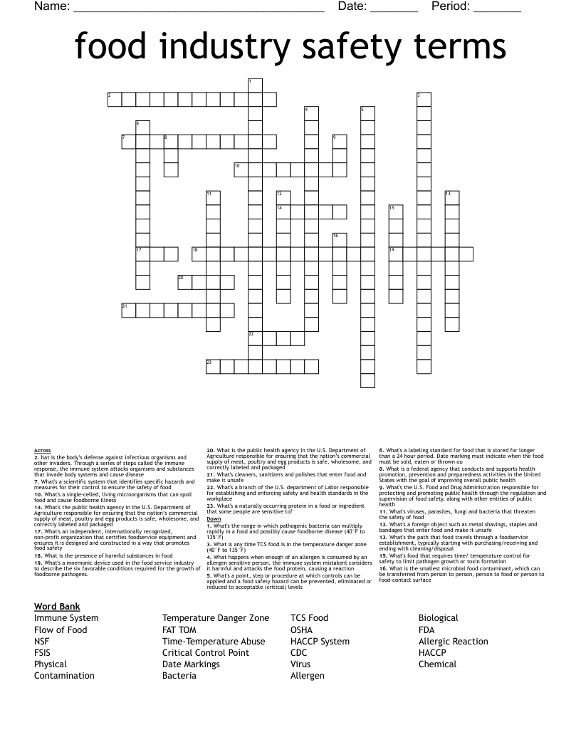 food industry safety terms   Crossword