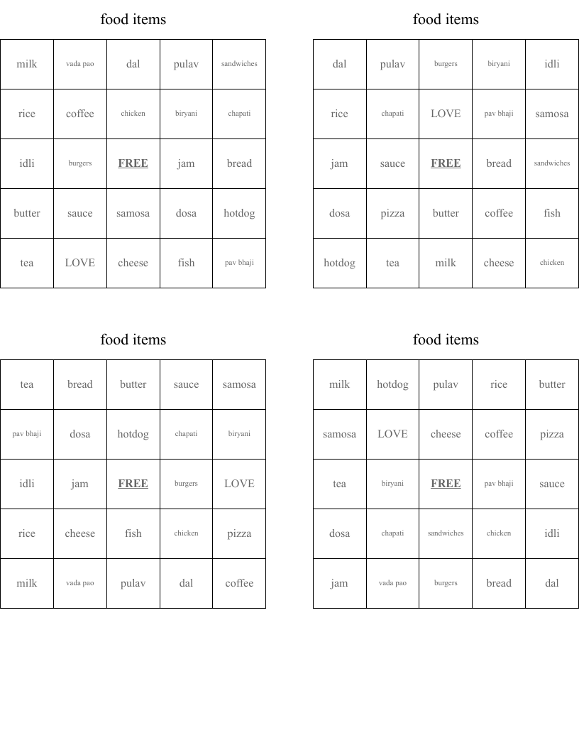 food items Bingo Cards