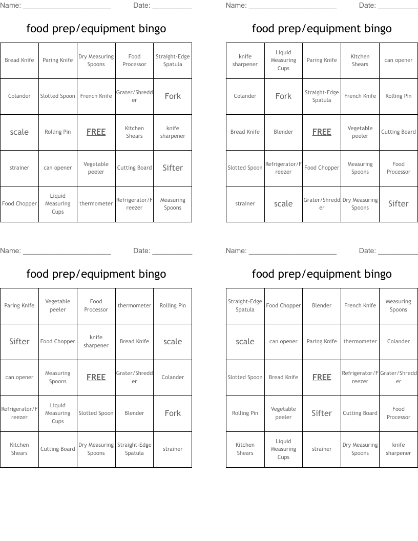 food prep/equipment bingo