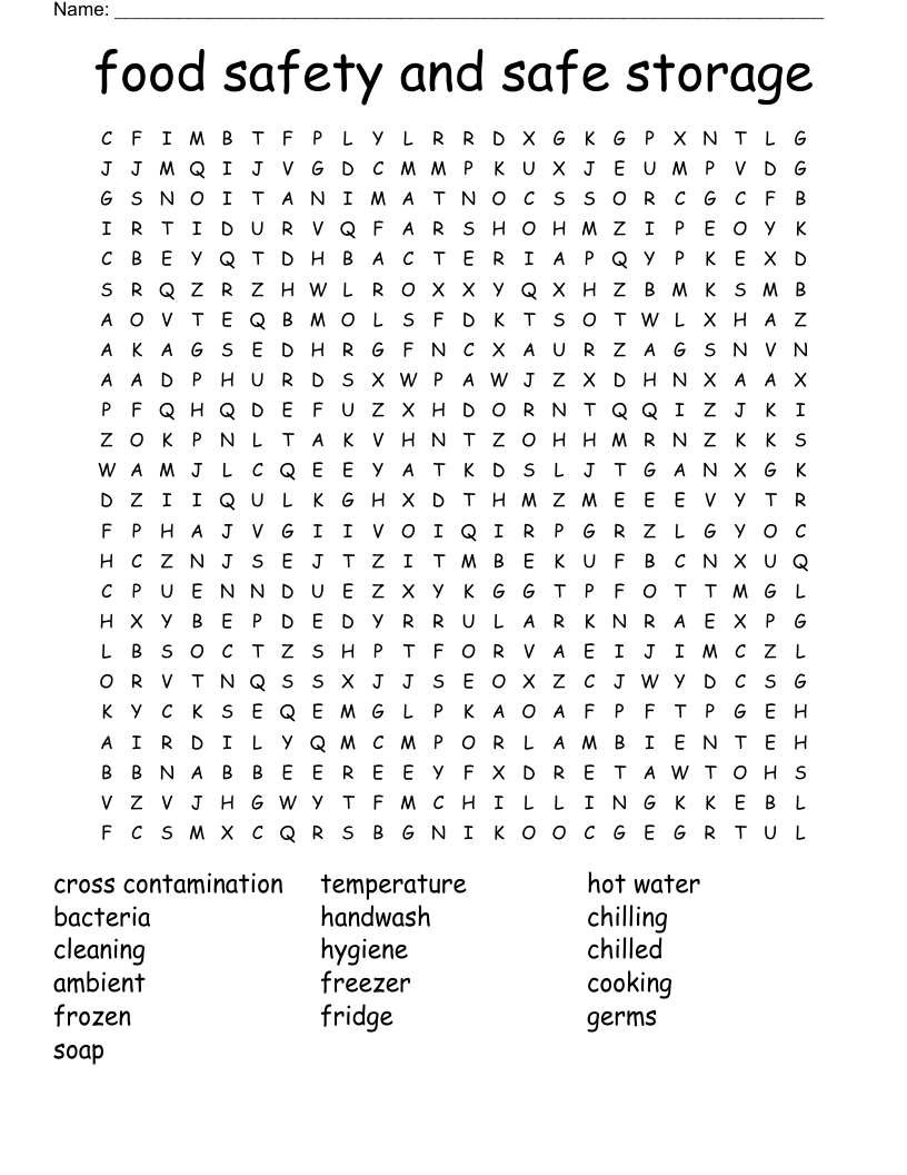 food safety and safe storage Word Search