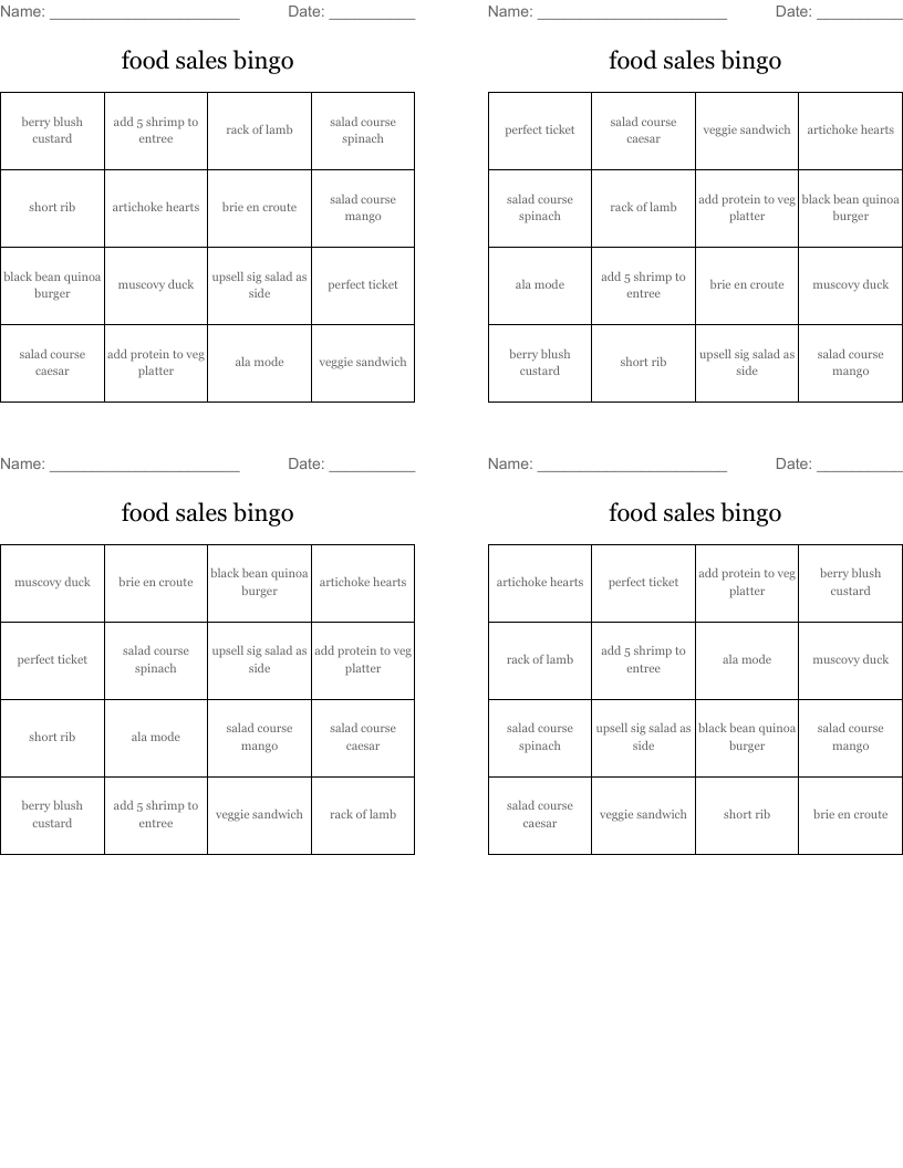 food sales bingo