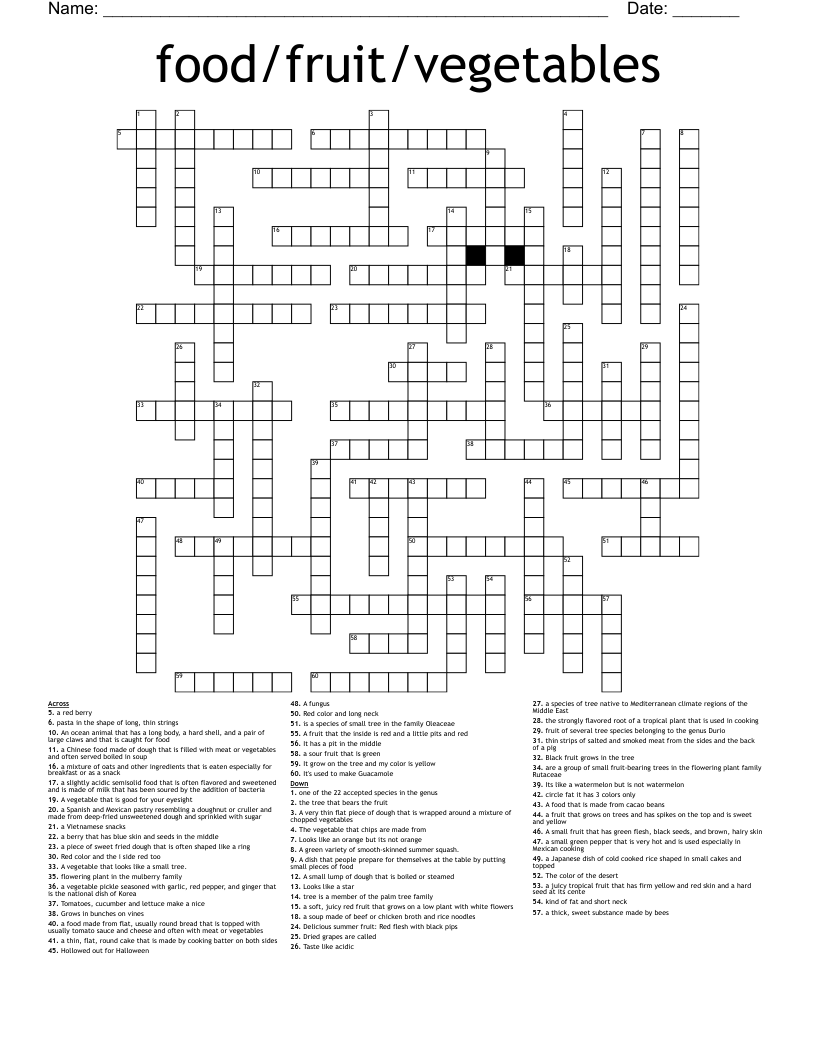 food/fruit/vegetables Crossword