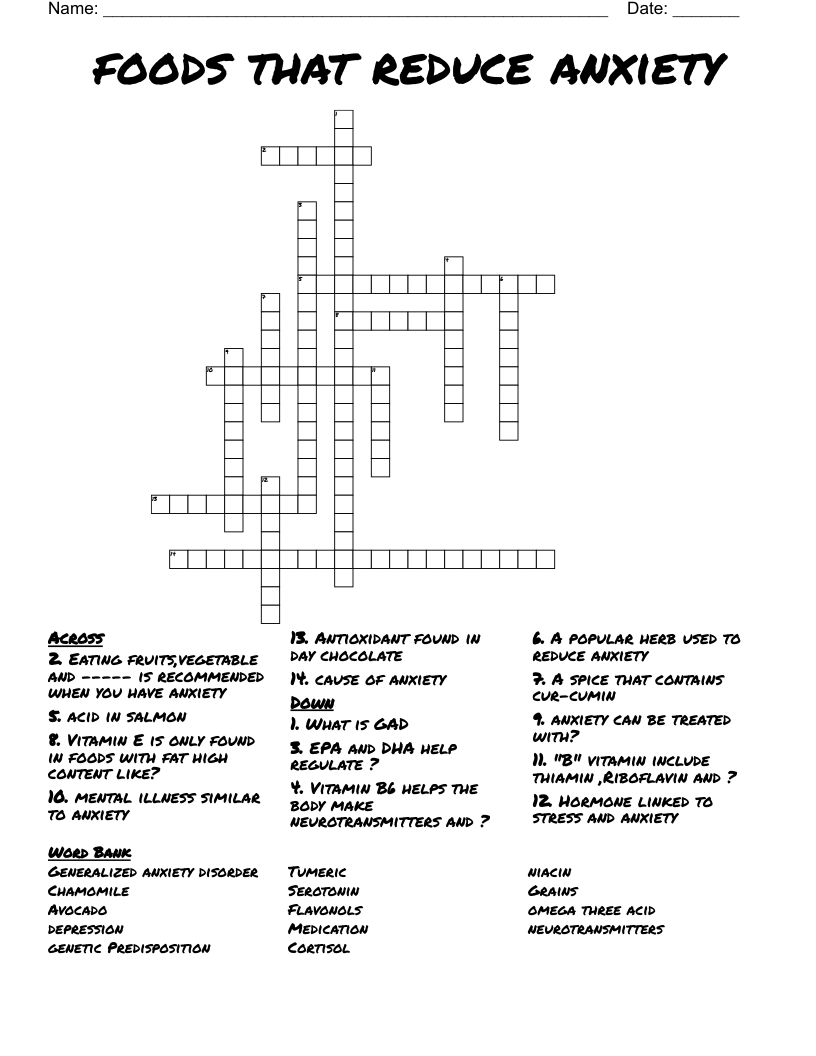 foods that reduce anxiety  Crossword