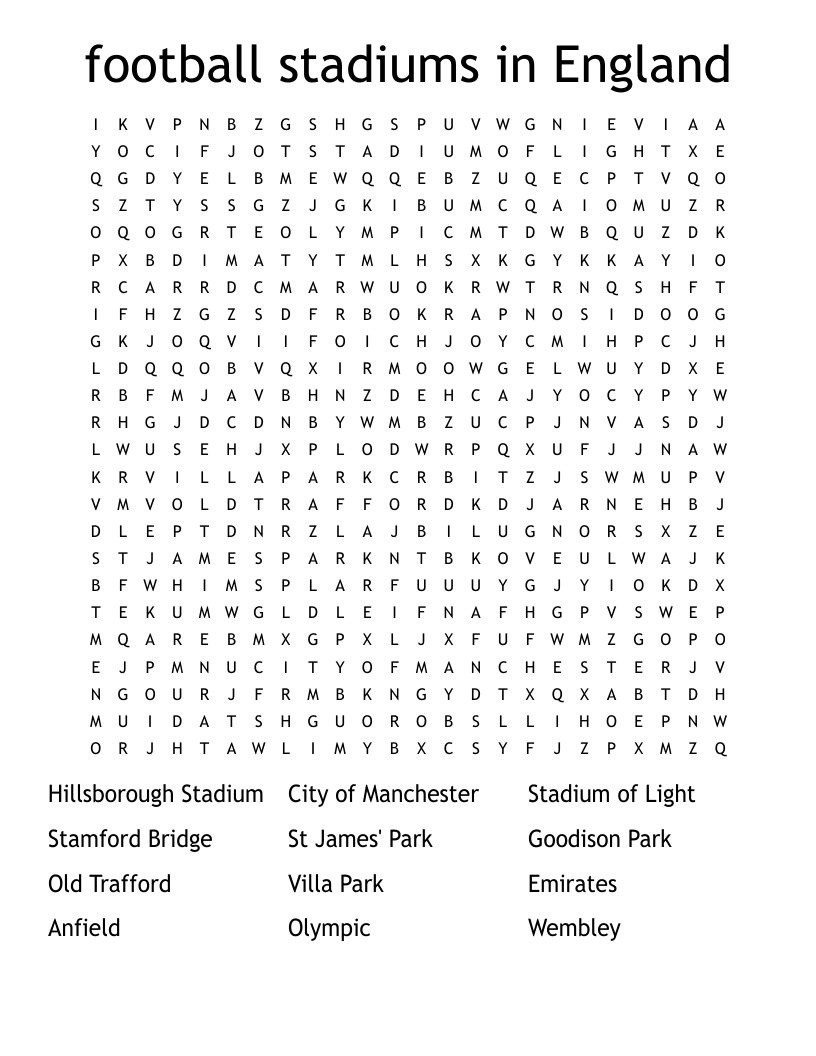 football stadiums in England Word Search