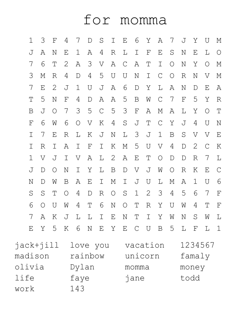 for momma Word Search