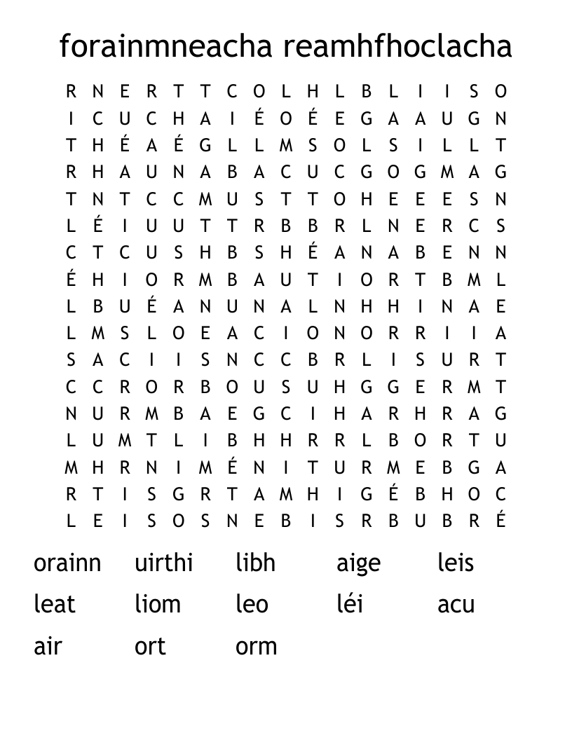forainmneacha reamhfhoclacha Word Search