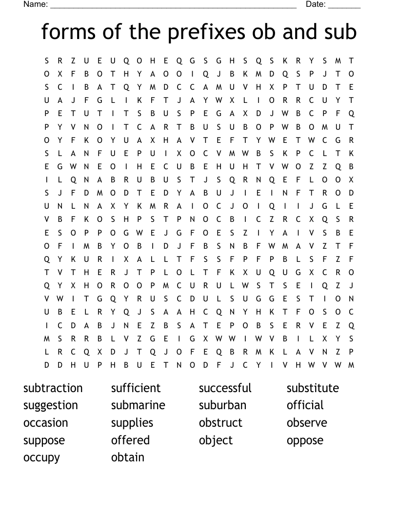 forms of the prefixes ob and sub Word Search