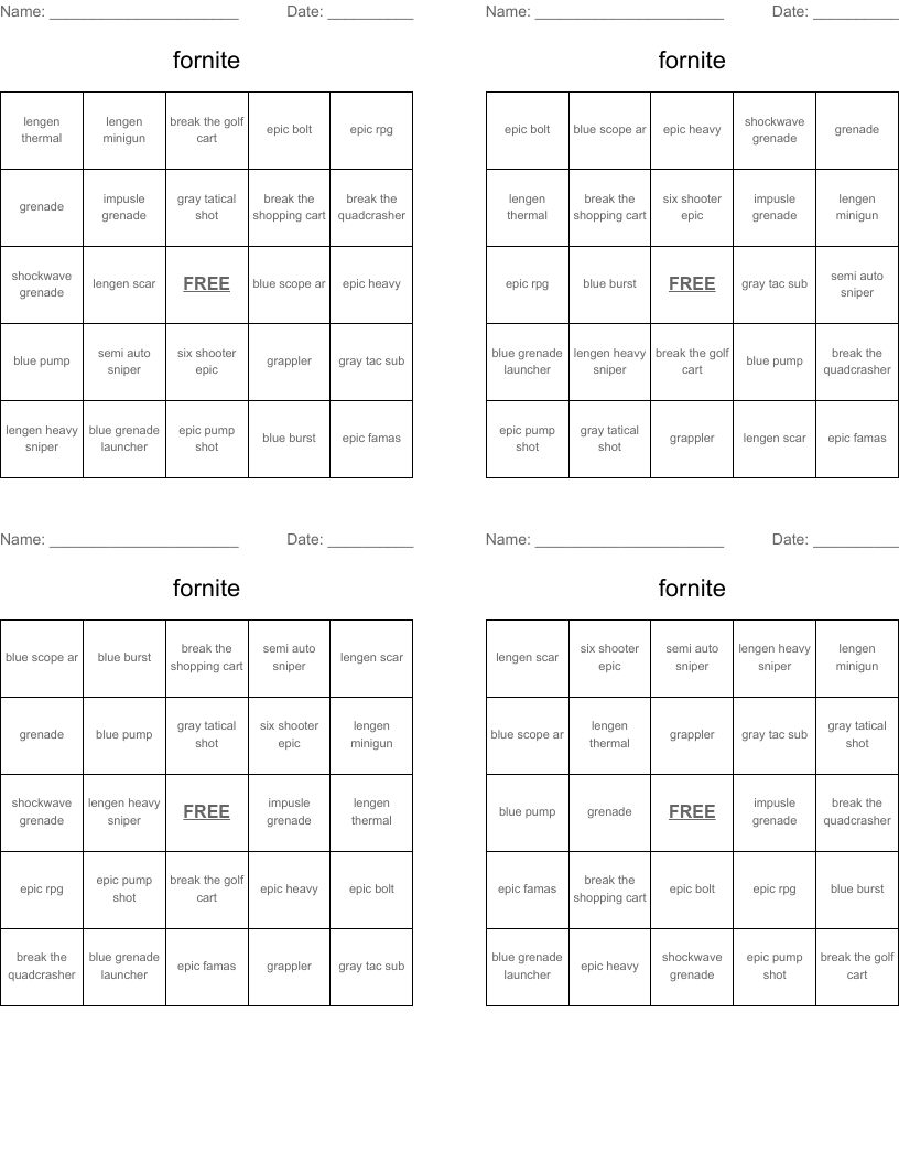 fornite Bingo Cards