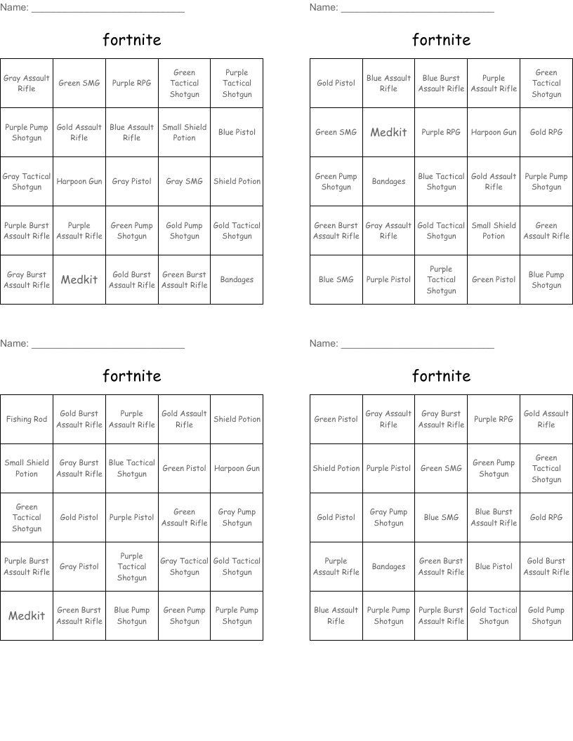 fortnite Bingo Cards
