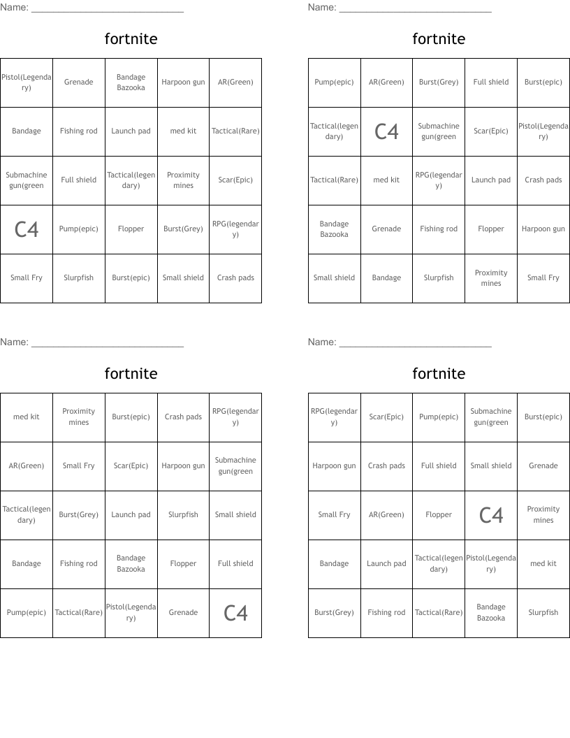 fortnite Bingo Cards