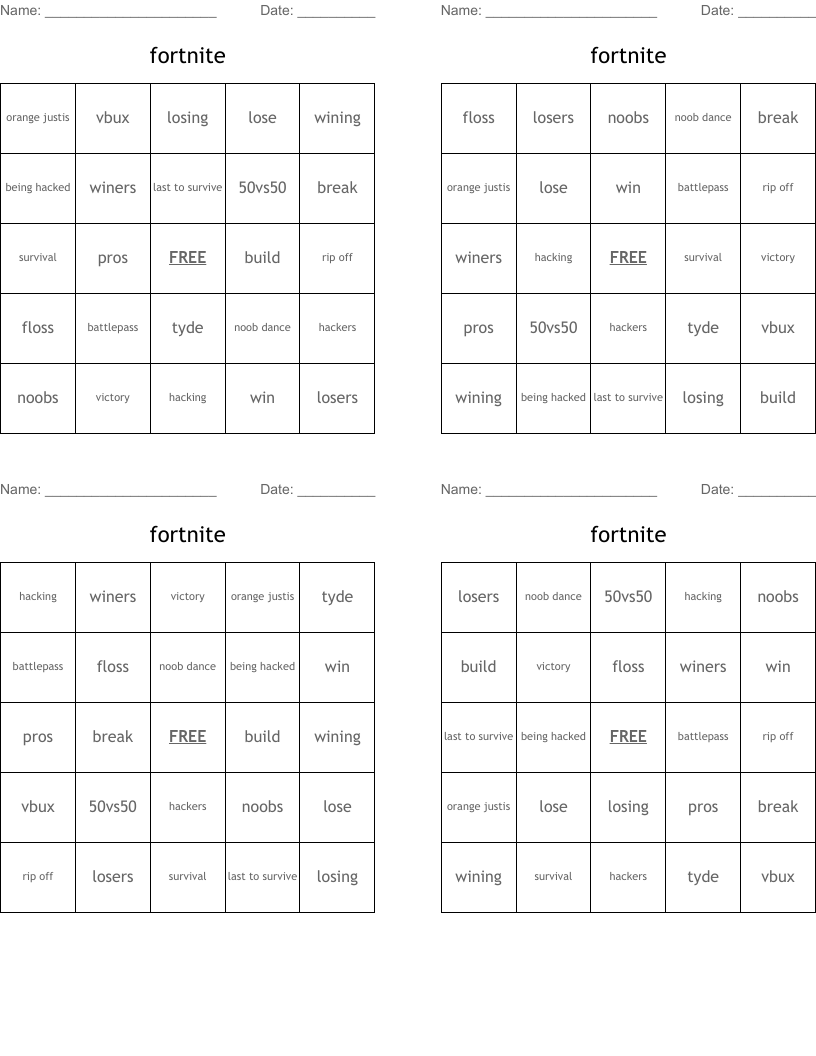 fortnite Bingo Cards