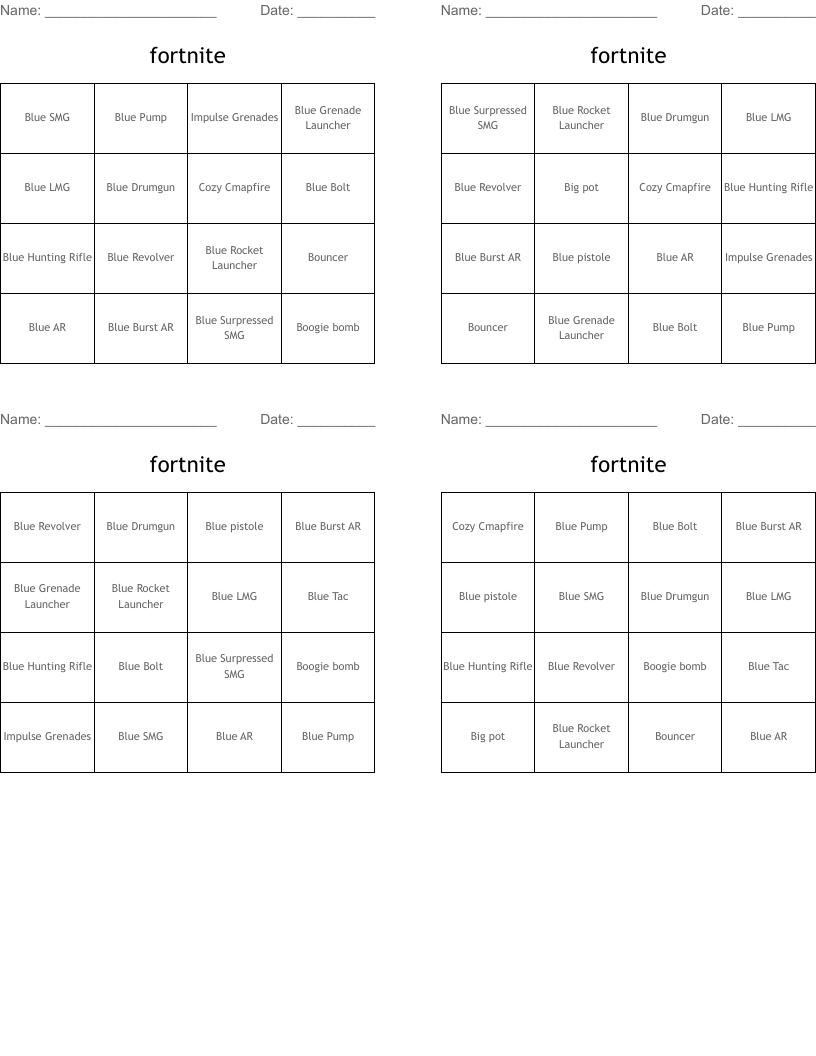 fortnite Bingo Cards