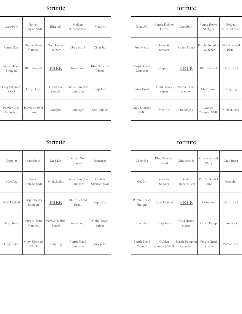 fortnite Bingo Cards