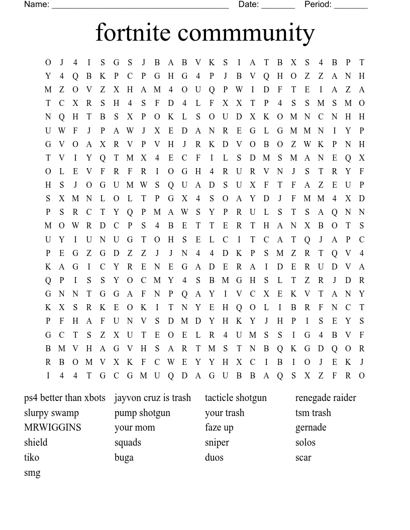 fortnite commmunity Word Search