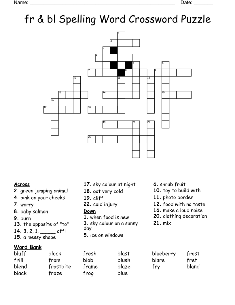 fr & bl Spelling Word Crossword Puzzle