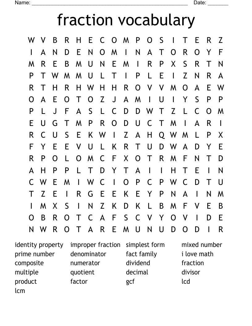 fraction vocabulary Word Search