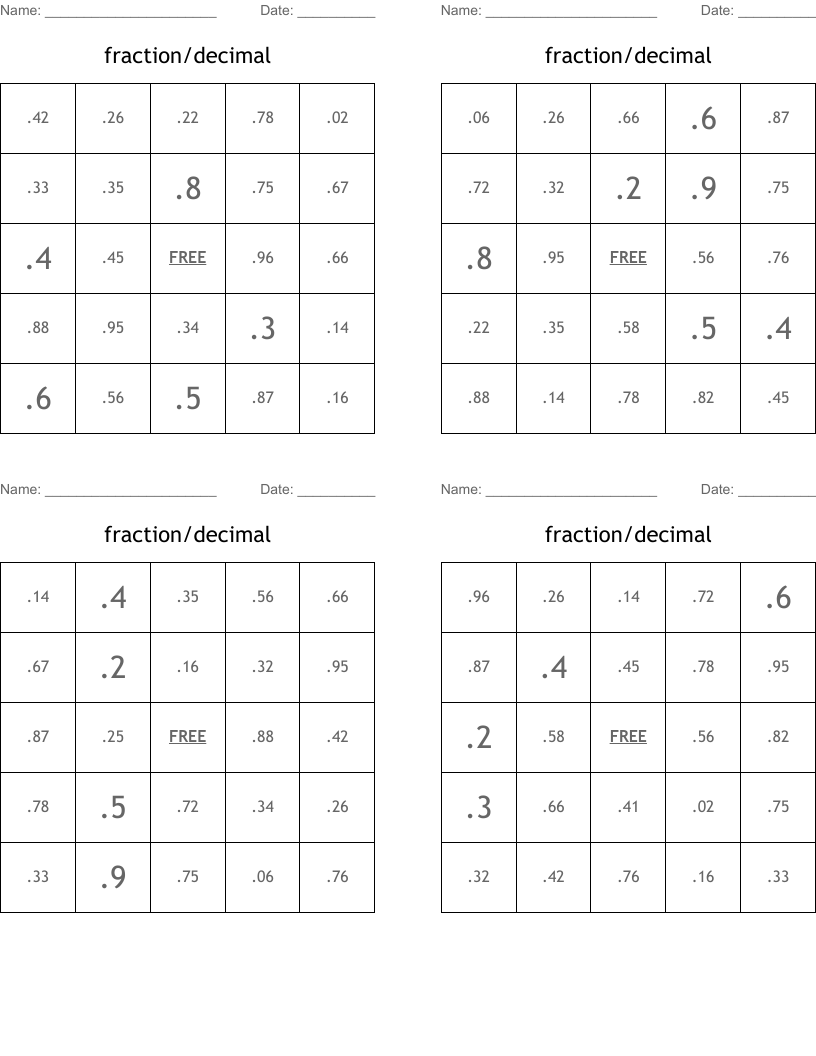 fraction/decimal Bingo Cards