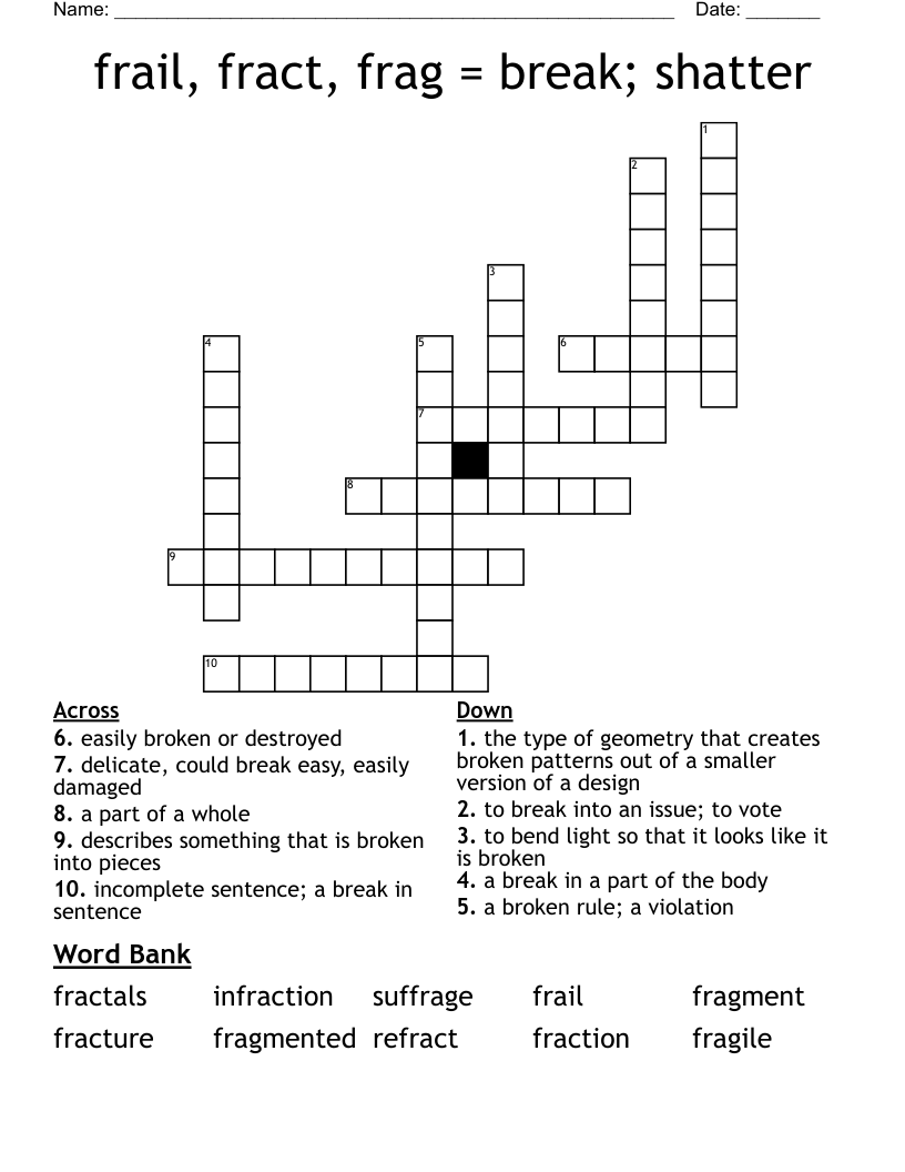 frail, fract, frag = break; shatter Crossword