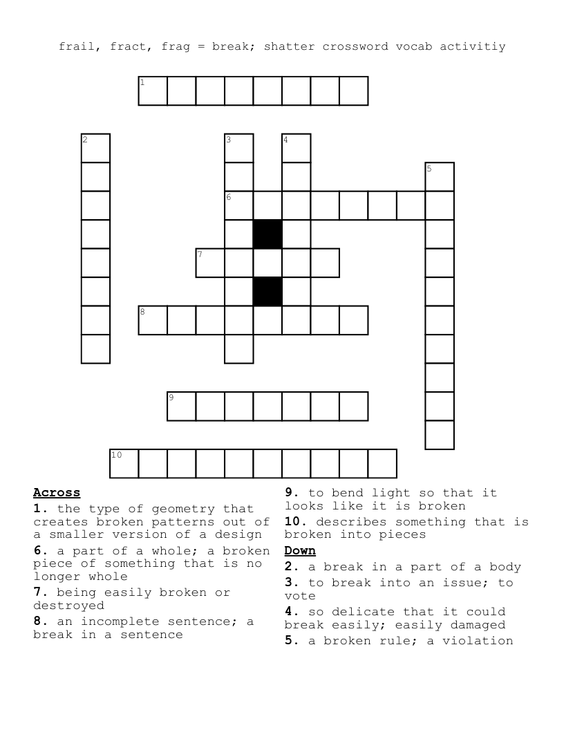 frail, fract, frag = break; shatter crossword vocab activitiy